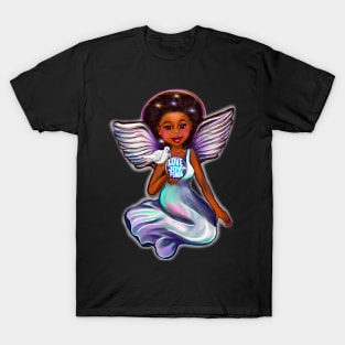 Angel with dove love joy and peace iii - Black angel of peace ! With glow, Afro hair, green eyes, Cherry pink lips and dark brown skin. Hair love ! T-Shirt